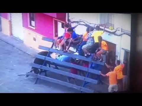 ثور هائج يتسبب في طيران عشرات الأشخاص بضربة واحدة