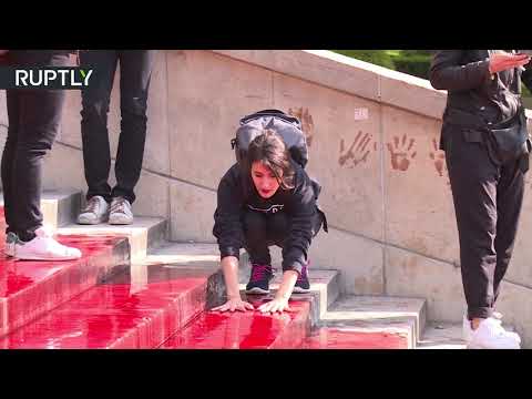 شاهد نشطاء البيئة يلطخون سلالم تروكاديرو الفرنسية بدم الحيوانات المنقرضة