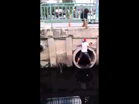 شاهد مراهق يغامر بحياته لإنقاذ قطة من مصرف مجاري